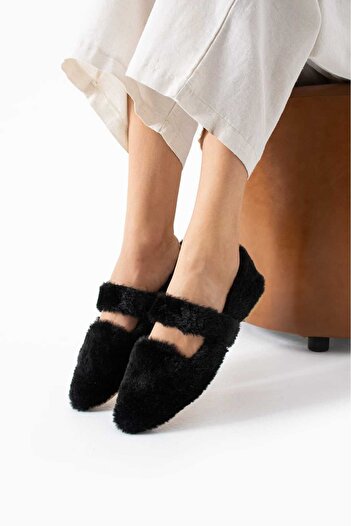 Parparastil Women's Black Plush Textured Trend Loafer Ballet Flat Shoes