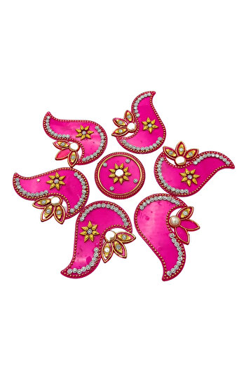doneel Ethnic Acrylic Floor Rangoli In Floral Shaped 7pcs, Handcrafted And Reuseable- Pink