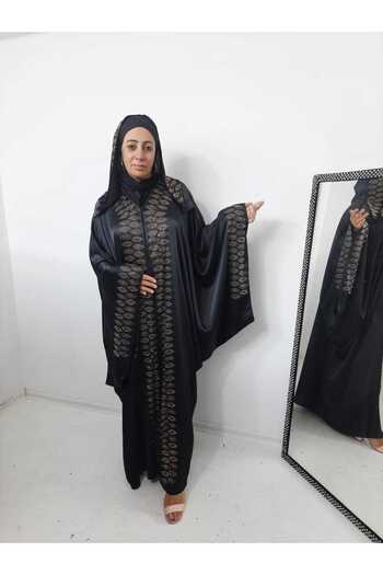 GigiTex Hi̇jap Dubai Stylish and High Quality Satin Black Hooded Stone-Embellished Abaya Ferace Oversize