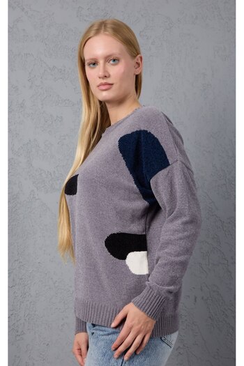 Coşkun GİYİM Women's Crew Neck Chenille Velvet Color Block Sweater Gray 11809
