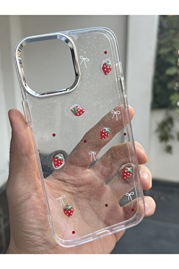 EDELFU iPhone 16Pro Strawberry Glitter Transparent Flashy Silicone Phone Case