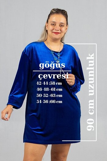 Truva XXL Maximal Elegance Plus Size Blue Velvet Tunic with Necklace