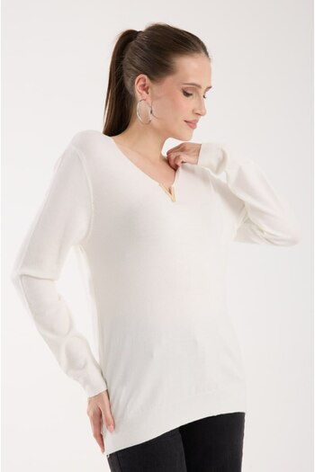 Coşkun GİYİM Women's V-Neck Accessory Sweater Ekru 311863