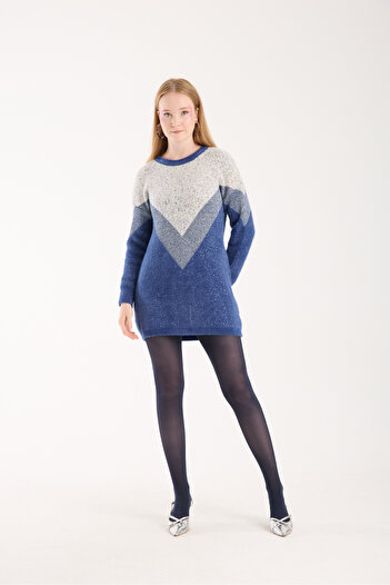 Moda Days Women's Indigo Glitter Beard Yarn Color Block Crew Neck Knitwear Sweater