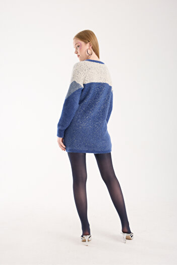Moda Days Women's Indigo Glitter Beard Yarn Color Block Crew Neck Knitwear Sweater
