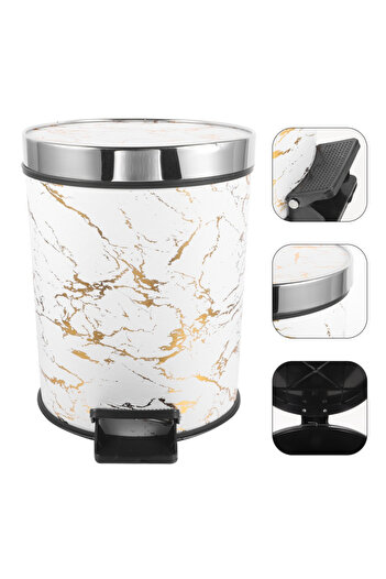 LYOBEST Round waste bin with foot pedal, 15L, Marble design White-gold, for bathroom, kitchen, office