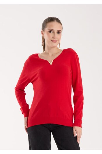 Coşkun GİYİM Women's V-Neck Accessory Sweater Red 311863