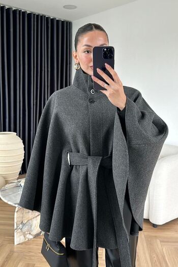 FMN Moda Women's Stand Collar Buttoned Sash Detail Cashmere Fabric Loose Fit Design Pinterest Brand Equivalent Poncho Coat
