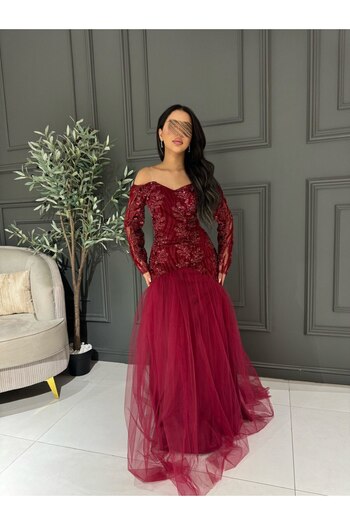 Generic Burgundy embroidered off-shoulder evening dress with a wide tulle skirt