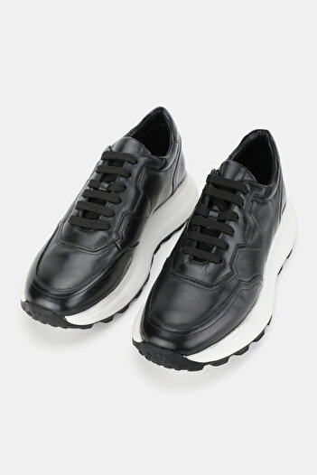 TUNAELLİ Men's Black Genuine Natural Leather Size 39-46 Eva Sole Lace-Up Sneaker Shoes