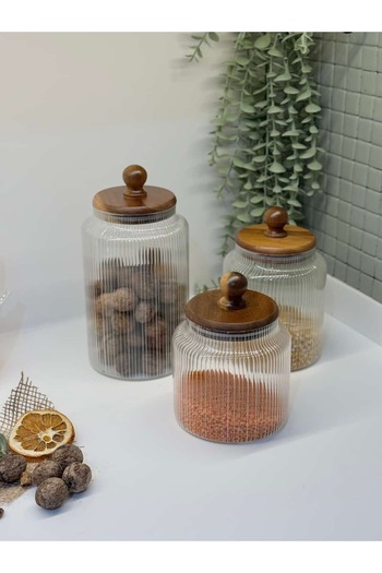 BUCOLIC Luna Acacia Lid Striped Glass Jar Set