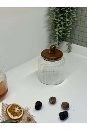 BUCOLIC Luna Acacia Lid Striped Glass Jar Small