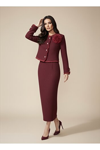 1Moda1Tarz Women's Imported Tweed Fabric Rose Detailed Lined Jacket Skirt Special Design Top and Bottom Set