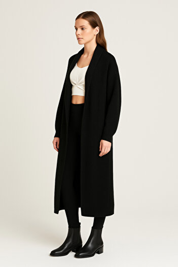 naymanlife Women's Black V-Neck Basic Standard Size Oversize Fit Long Knitwear Cardigan
