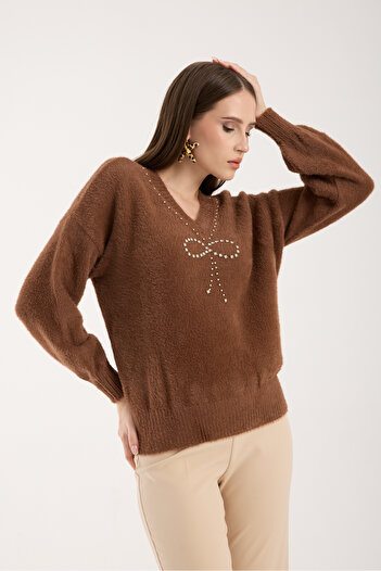 Moda Days Women's Tan Beard Yarn Balloon Sleeve Stone and Pearl Detailed V-Neck Knitwear Sweater