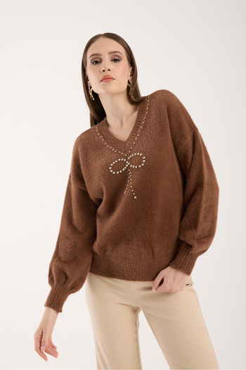 Moda Days Women's Tan Beard Yarn Balloon Sleeve Stone and Pearl Detailed V-Neck Knitwear Sweater
