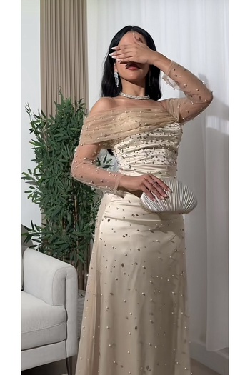 FAYD AL-JAWRI Champagne evening dress with off-the-shoulder and delicate pearl embroidery