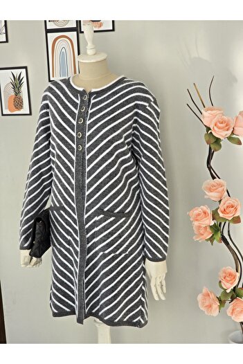 ENDAMIM Striped 3 Button Long Plus Size Knit Cardigan