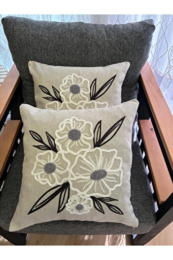 Mustgross Bohemian Punch Embroidered Linen Cushion Cover Set of 2 - 43X43 cm - Anthracite Color