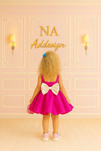 NA ADDESIGN Fuchsia Satin Fabric Big Bow Detail Puffy Girl's Dress, Party Dress
