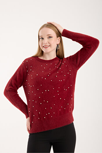 Moda Days Women's Burgundy Beard Yarn Stone and Pearl Detailed Crew Neck Knitwear Sweater