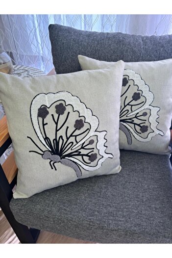 Mustgross Bohemian Punch Embroidered Linen Cushion Cover Set of 2 - 43X43 cm - Anthracite Color