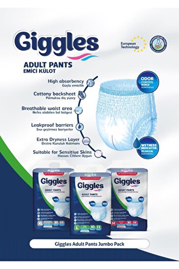 giggles Culotte Adult Diapers Pants 30 Pieces with Wetness Indicator and Odor Control Extra Large Size (Made in Türkiye)