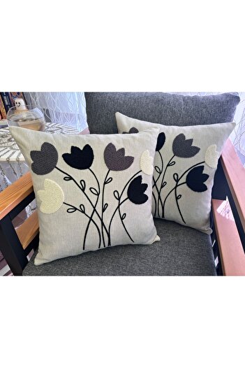 Mustgross Bohemian Punch Embroidered Linen Cushion Cover Set of 2 - 43X43 cm - Anthracite Color