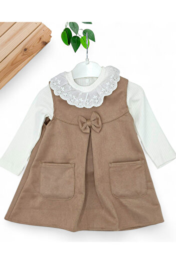 VEGAMOD Girl's Festo Collar Bow Pocket Suede Body Dress