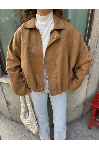 Niceboutique Premium Suede Zippered Tan Bomber Jacket