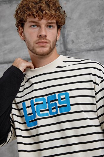 NOMARC Cream Y269 Piece Sleeved Striped Oversize Sweatshirt
