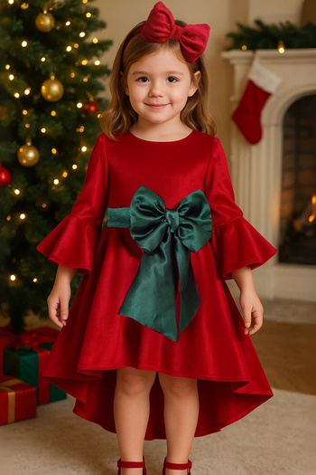 Shecco Babba Girls' Red Velvet Christmas Dress – Bell Sleeve & Green Bow Detail Special Occasion Dress
