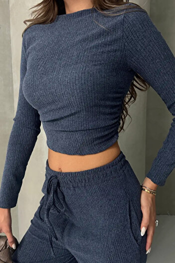 Siner Fashion Women's Drawstring Detailed Blouse Wide Leg Pants Top and Bottom Set