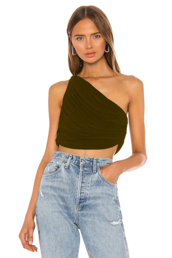 MetuCA Women's Brown One Shoulder Draped Jersey Fabric Asymmetrical Crop Top Blouse Bustier