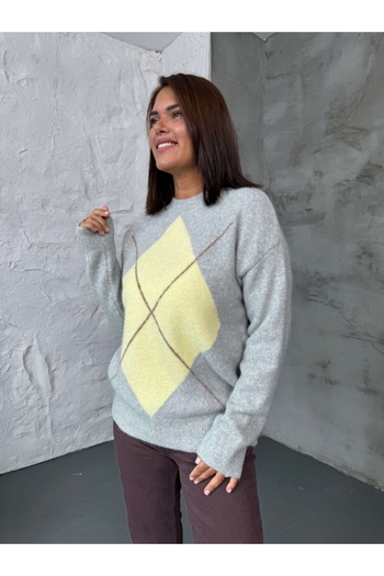Elif Özbey Butik Yellow Large Diamond Pattern Sweater