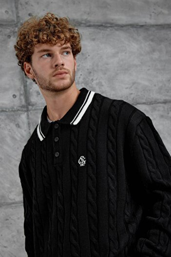 NOMARC Erkek Siyah Gst Polo Yaka Örme Oversize Triko