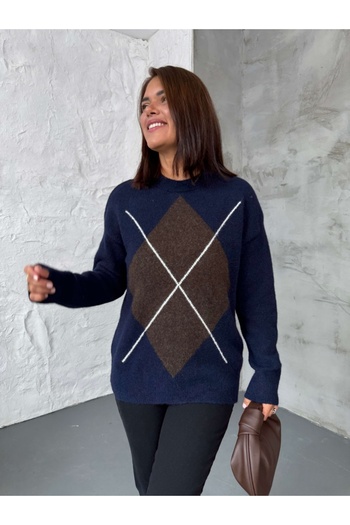 Elif Özbey Butik Brown Navy Blue Large Diamond Pattern Sweater