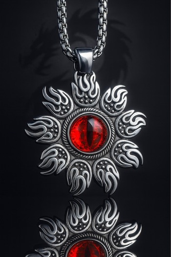 voyageaccessory Red Glass Stone Stainless Steel Flame Patterned Sun Necklace