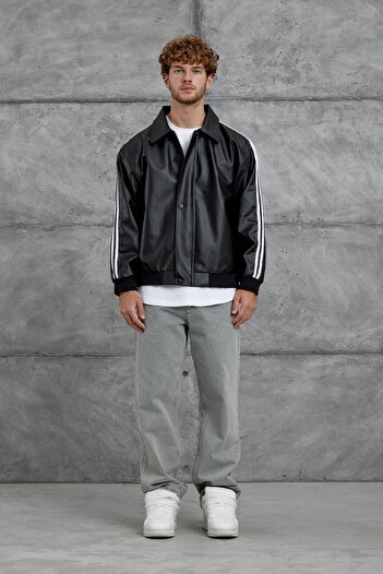 NOMARC Black Nmrc Oversize Leather Jacket with Stripe Detail