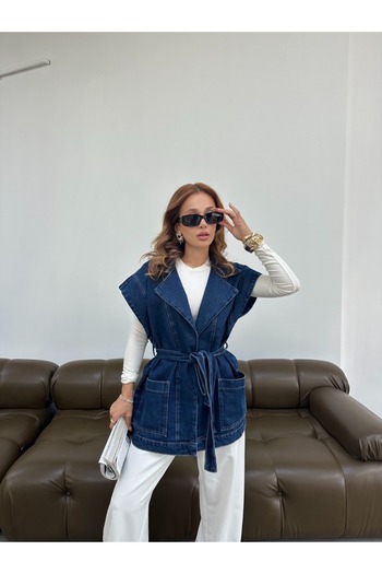 MissPul Belted Luxury Premium Quality Pocketed Denim Jacket Vest