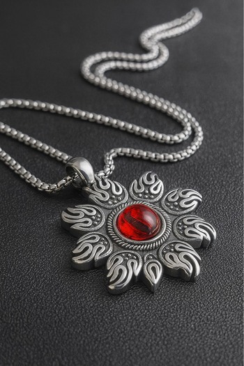 voyageaccessory Red Glass Stone Stainless Steel Flame Patterned Sun Necklace