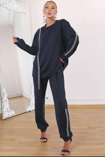 AYASOFYA OTANTIK Women's Navy Blue Pearl Detailed Casual Blouse and Elastic Waist Trousers Set