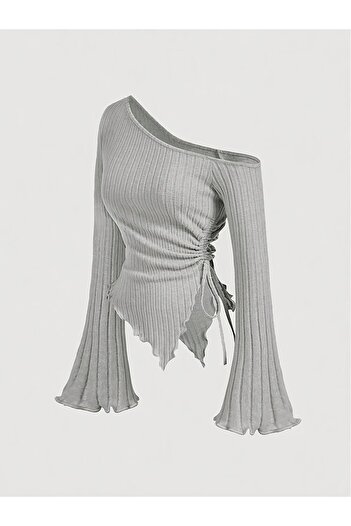 meren like your style Women's Gray Asymmetrical One-Shoulder Knitwear Blouse – Spanish Sleeve, Drawstring Detail