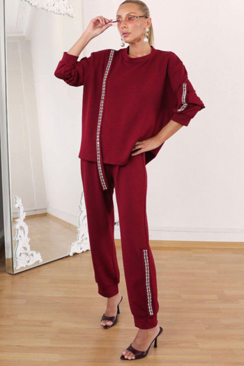 AYASOFYA OTANTIK Women's Burgundy Pearl Detailed Casual Blouse and Elastic Waist Trousers Set