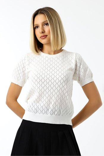 TİSTA Women's White Diamond Patterned Short Sleeve Openwork Knit Blouse