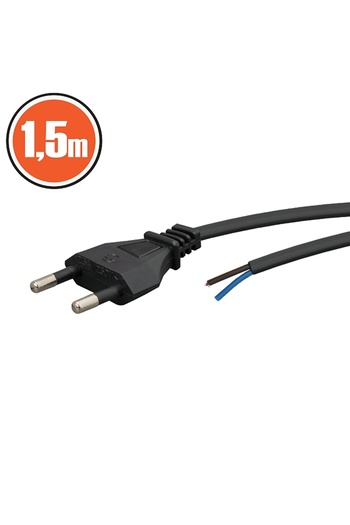 OEM Power cable with EURO plug, assembly mountable, 1.5m, 2x0.5mm2, double insulated, with loose wires