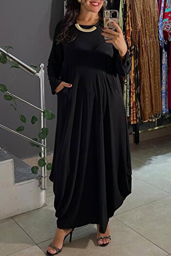 AYASOFYA OTANTIK Women's Black Round Neck Solid Pattern Pocketed Loose Long Sleeve Long Dress