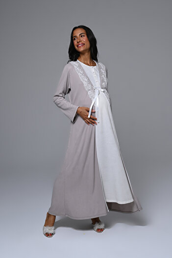 Lohussa Women's Ecru Jacquard Lace Detailed Full Length Winter Long Sleeve Design Maternity Nightgown Nightdress Set