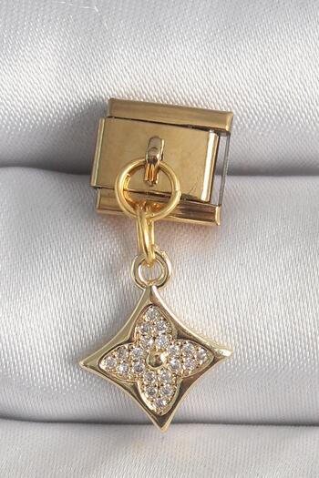 Inure Jewelry 316L Steel Gold Color Hanging Zircon Stone Flower Embroidered Nomination Charm
