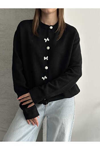 FERZOLAİO Black Knit Cardigan with Bow and Buttons